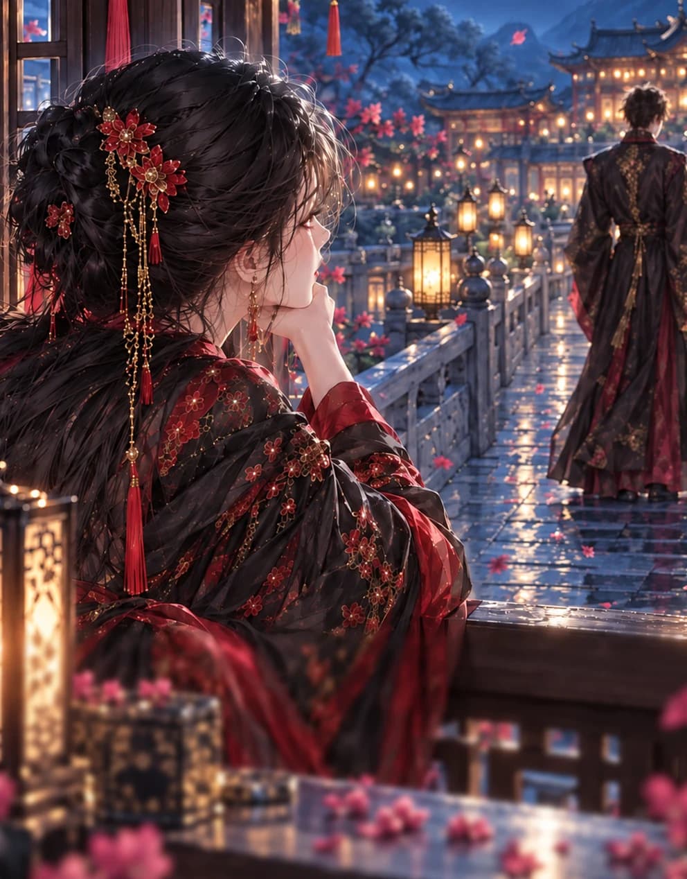 달빛 아래 돌다리 양끝에서 서로를 바라보는 두 사람